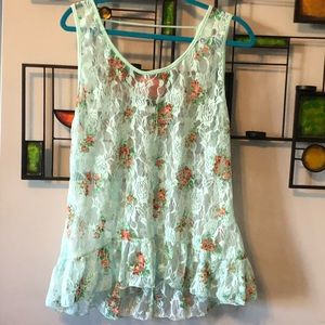 Dainty mint-colored lace cami with coral detail